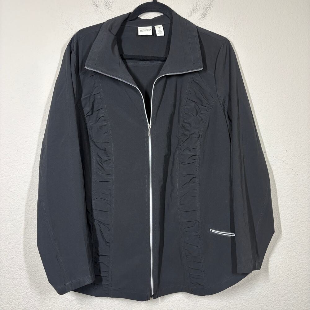 Zenergy by Chico's Womens 3/XL Ruched Full Zip Jacket Black Zipped Pockets